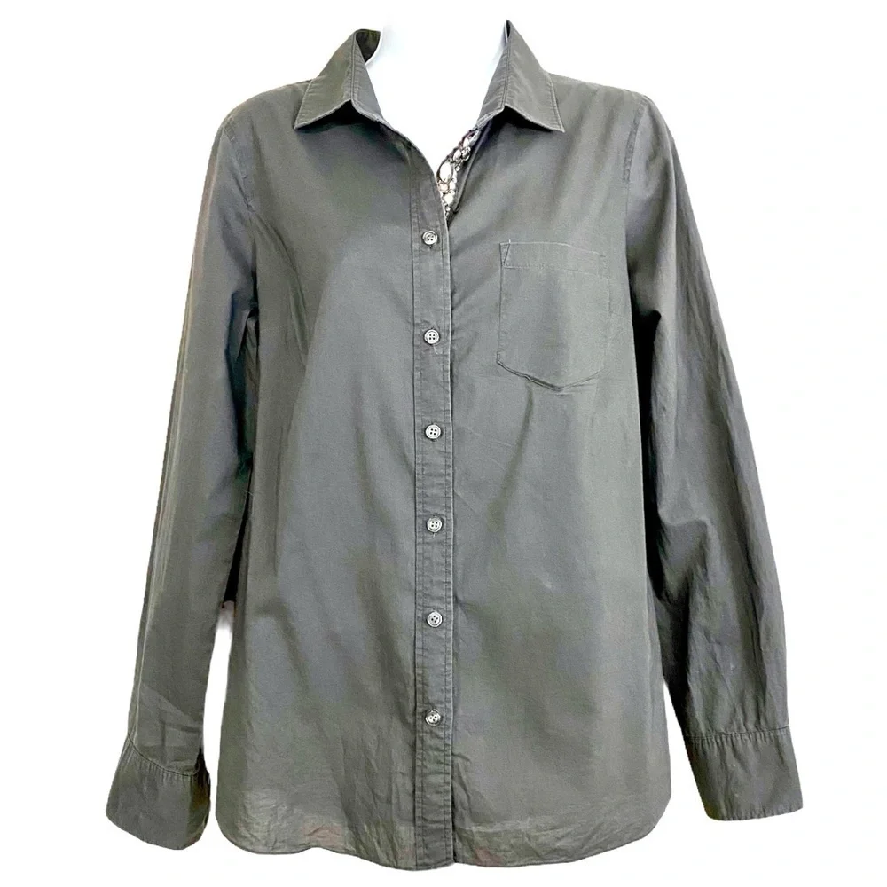J. Crew Gray Cotton Embellished Button-front Shirt Small Officecore Work Career